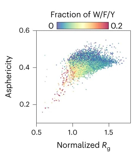 Open access visualization of Scatter Plot, Regression Plot, Full distribution, Human IDRs, Normalized radius of gyration