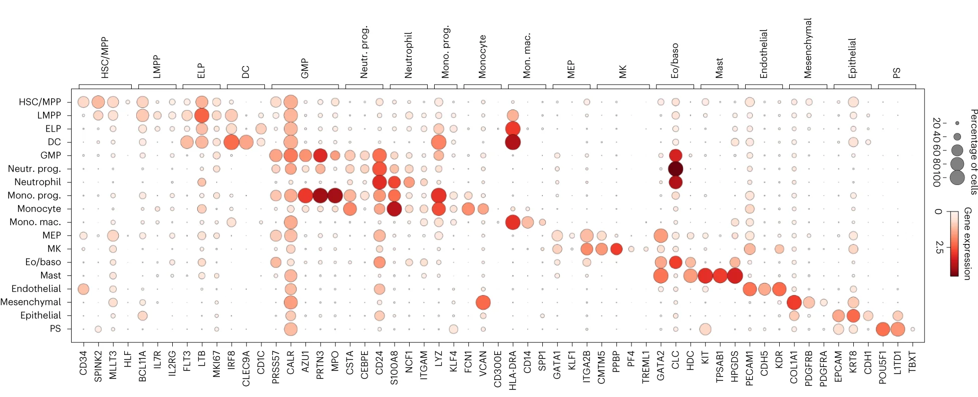 Open access visualization of Bubble Plot, Marker Genes, Hematopoietic Lineages, Neutrophil Progenitor, Monocyte Progenitor