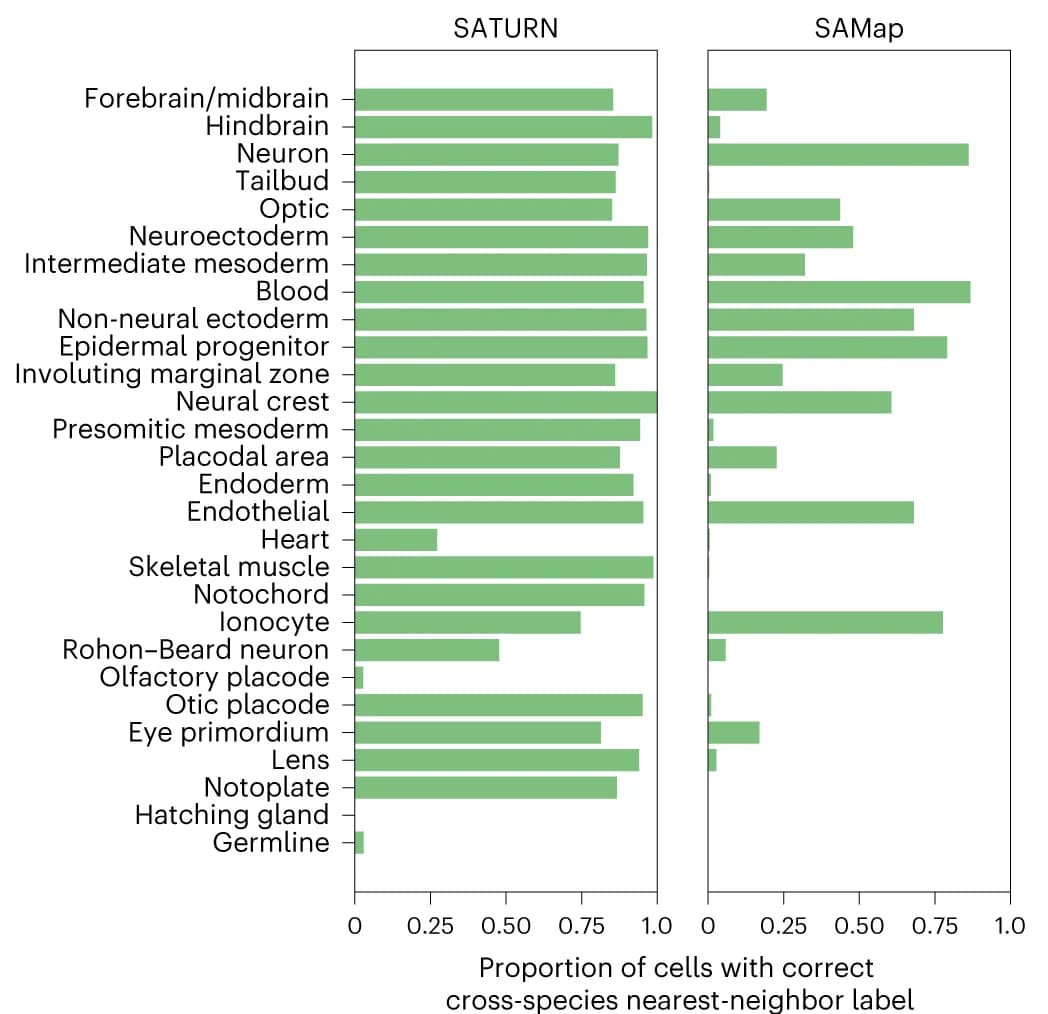 Open access visualization of Bar Plot, SATURN, SAMap, Homogeneous Clusters, Multispecies Cell Types