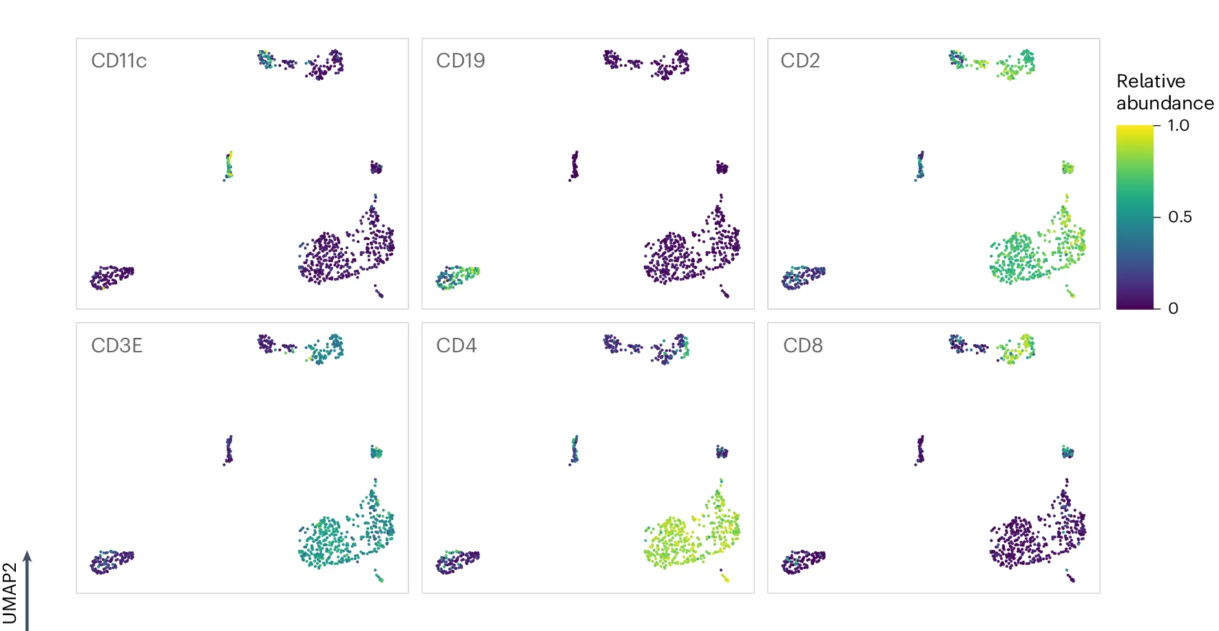 Open access visualization of UMAP, Scatter Plot, Cell Type Markers, Relative Abundance, CLR Transformation
