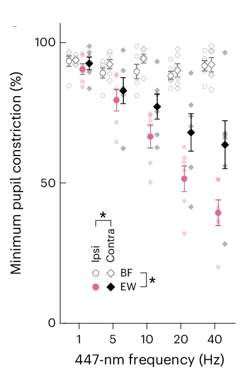 Open access visualization of Scatter Plot, Error Bars, Pupil Constriction, Pd CO Mice, Stimulation Frequency