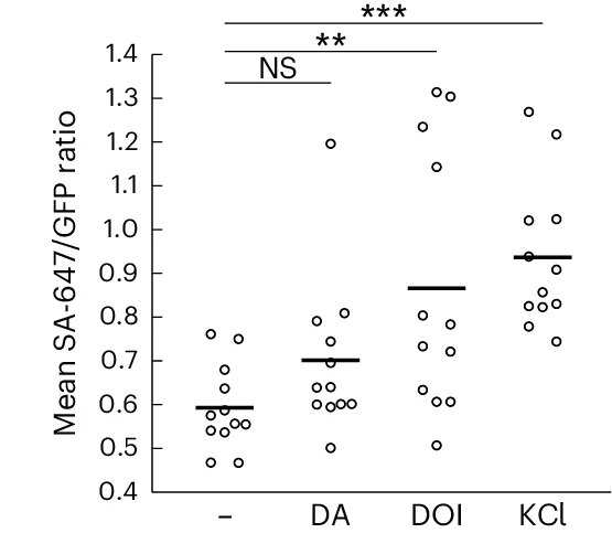 Open access visualization of Scatter Plot, FOV, SA-647/GFP Fluorescence Ratio, KCl, DA