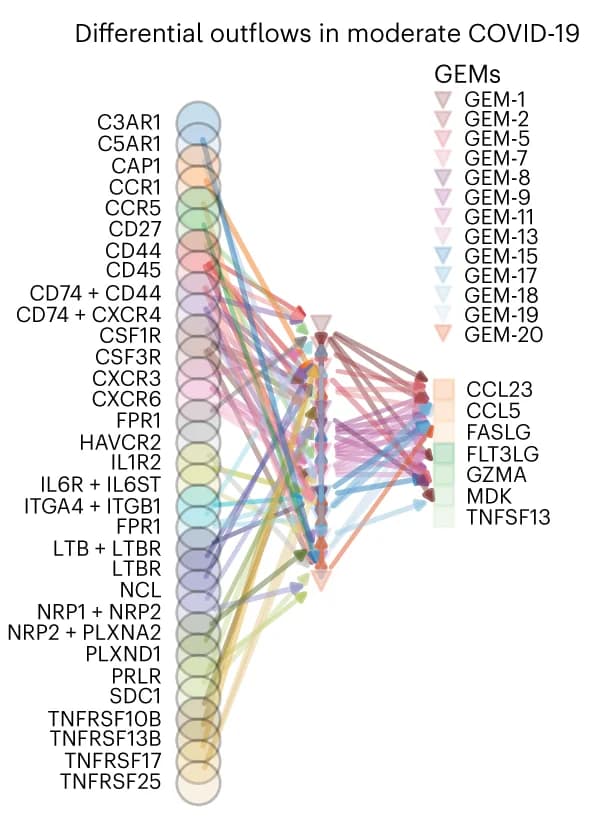 Open access visualization of Sankey, Intercellular Flows, Outflow Signals, Moderate COVID-19