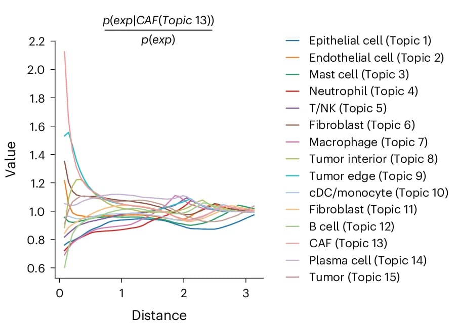 Open access visualization of Line Plot, Spatial Co-occurrence, Cell Types, CAFs, Tumor Edge