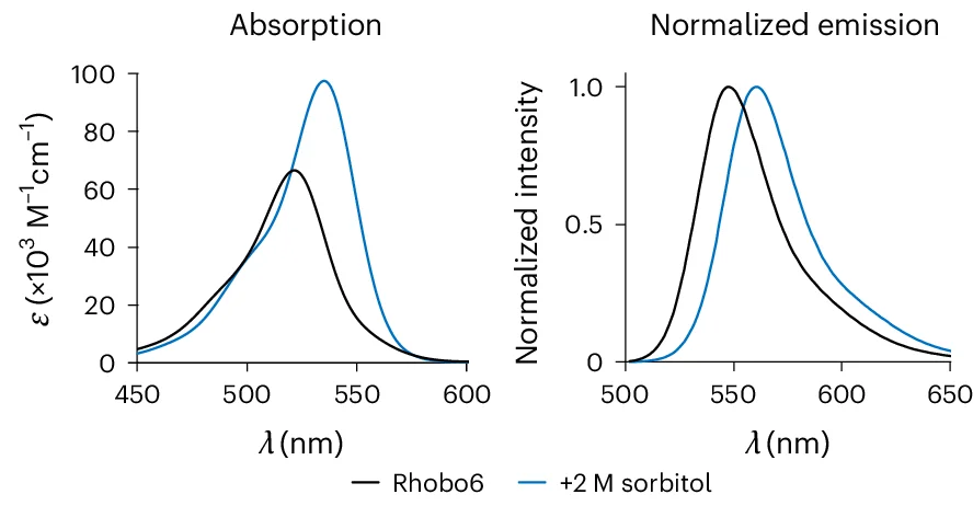 Open access visualization of Line Plot, Absorption Spectra, Emission Spectra, Rhobo6, Dye