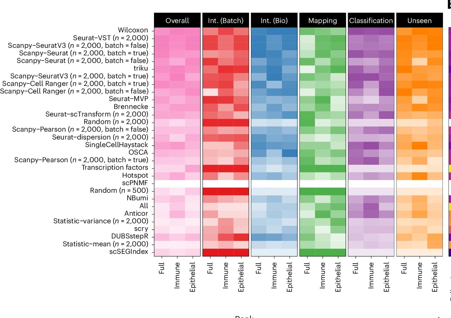 Open access visualization of Heatmap, Method Rankings, HLCA Dataset, Immune Subset, Epithelial Subset