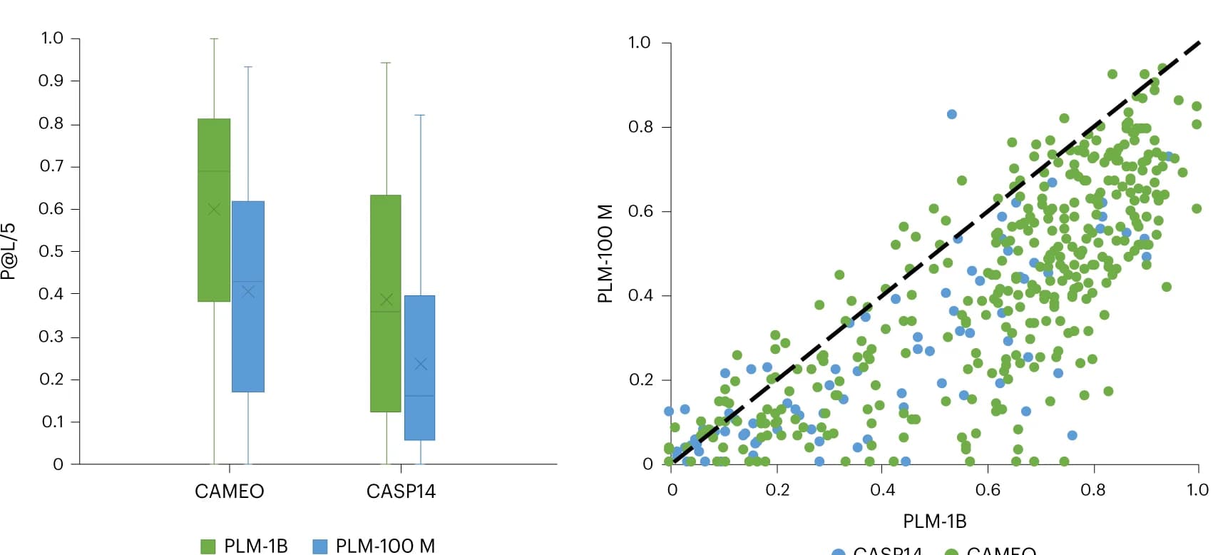 Open access visualization of Scatter Plot, Box Plot, Contact Prediction, PLM-1B, PLM-100M