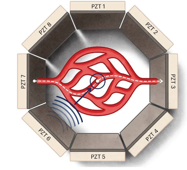 Open access visualization of Illustration, Experimental Set-Up, Artificial Vascular Channel, Microbot, Ultrasound Activation