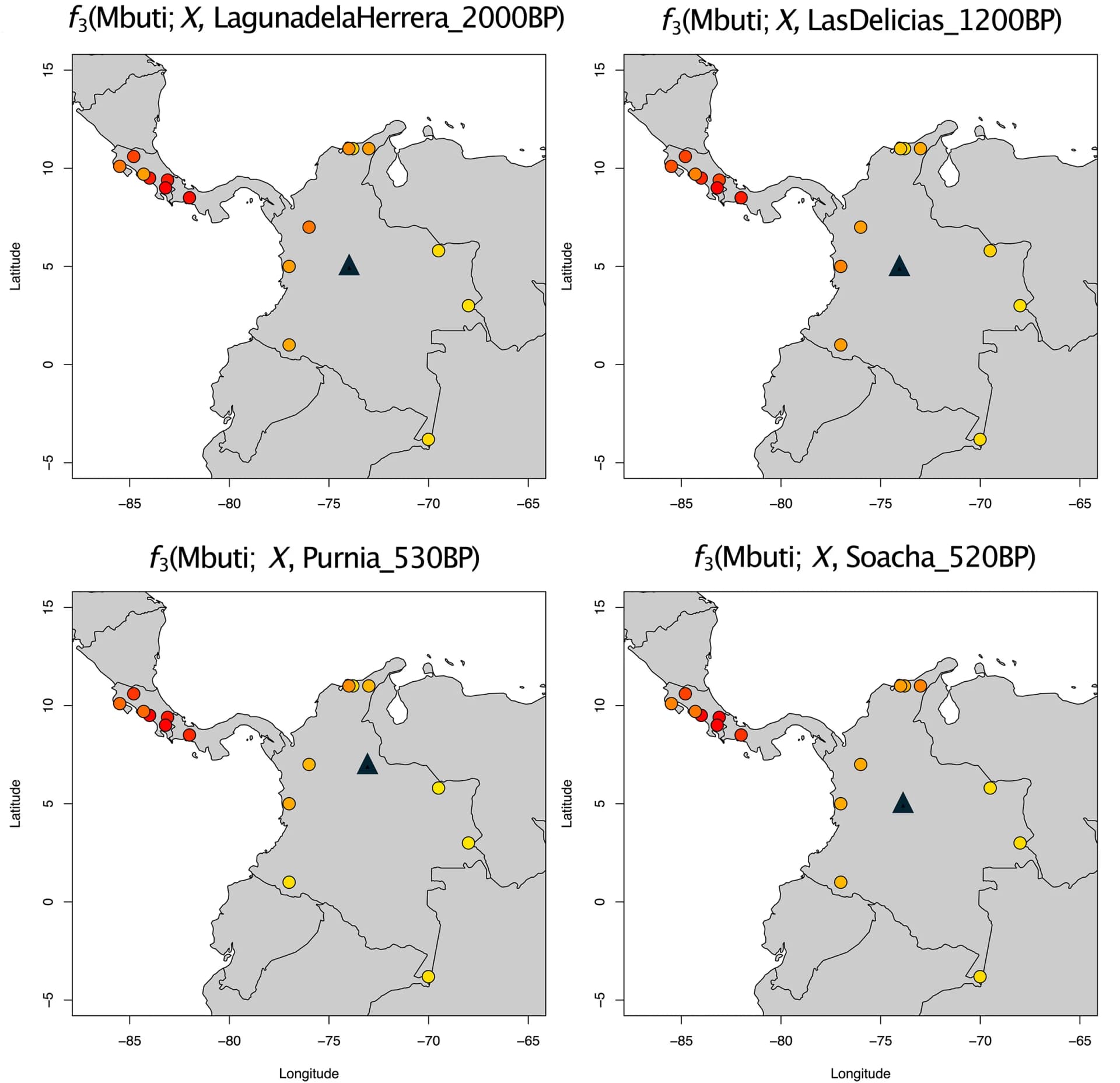 Open access visualization of Geo Map, Scatter Plot, Ancient Colombians, Native American Populations, Genetic Similarity