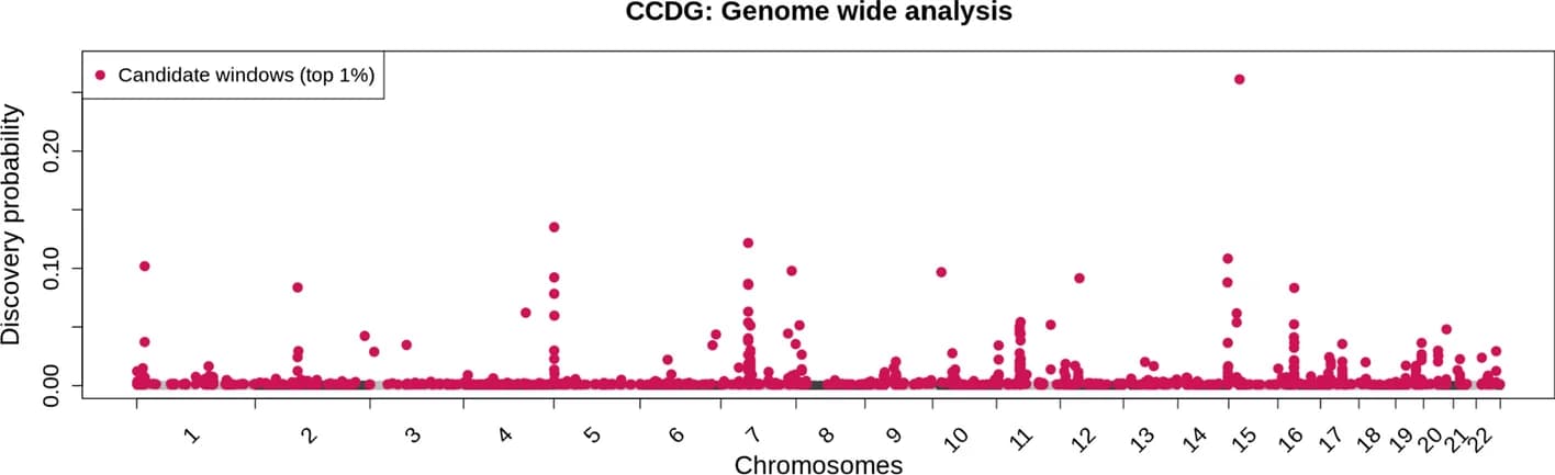 Open access visualization of Scatter Plot, Manhattan Plot, Genome-wide analysis, CCDG data, Autosomes