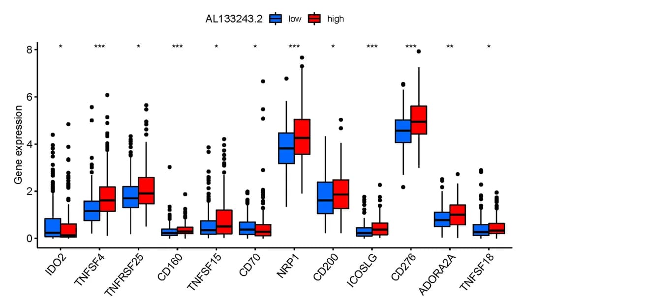 Open access visualization of Box Plot, Immune checkpoint genes, AL133243.2 expression