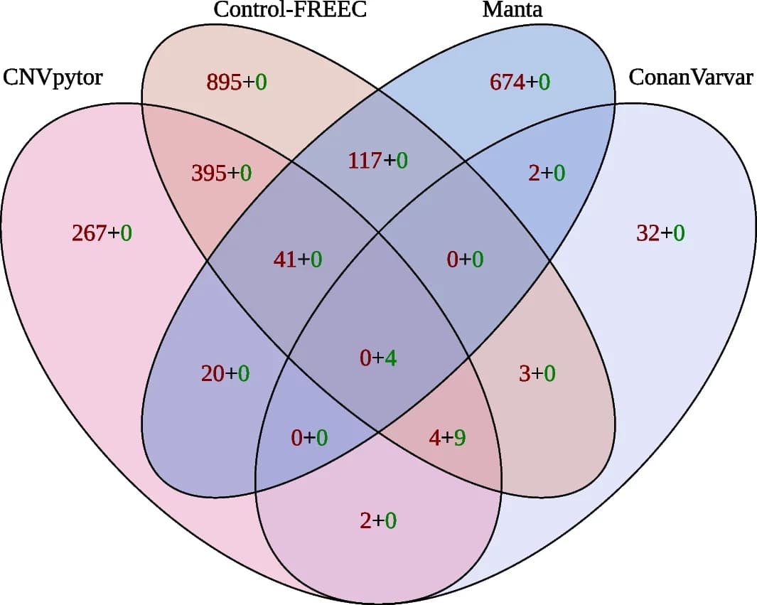Open access visualization of Venn Diagram, ConanVarvar, CNVnator, Control-FREEC, Manta
