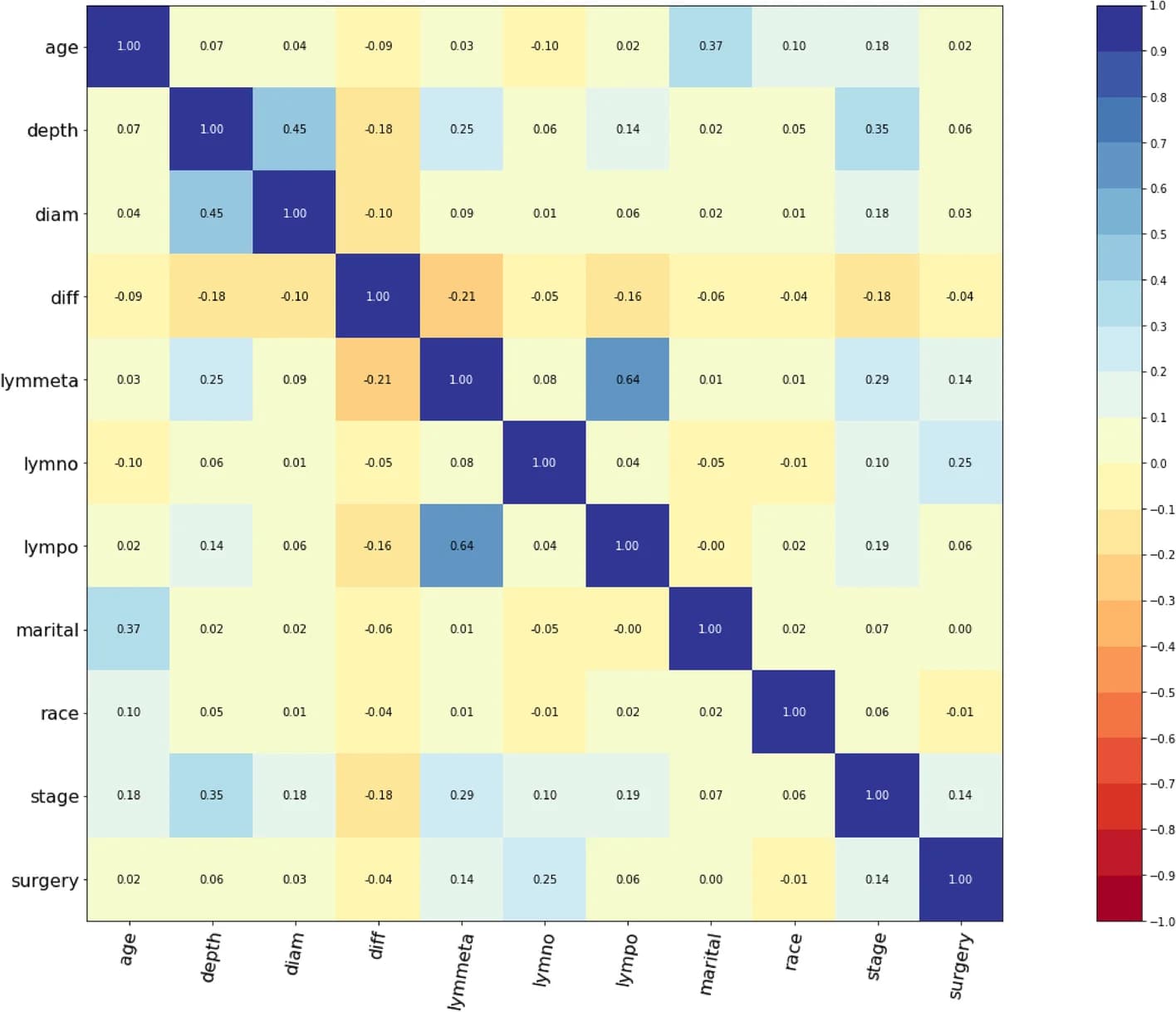 Open access visualization of Heatmap, Correlation Matrix, Depth of Invasion, Tumor Diameter, Differentiation