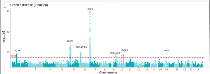 Open access visualization of Manhattan Plot, Crohn’s Disease, FinnGen, Lead Variants, Gene