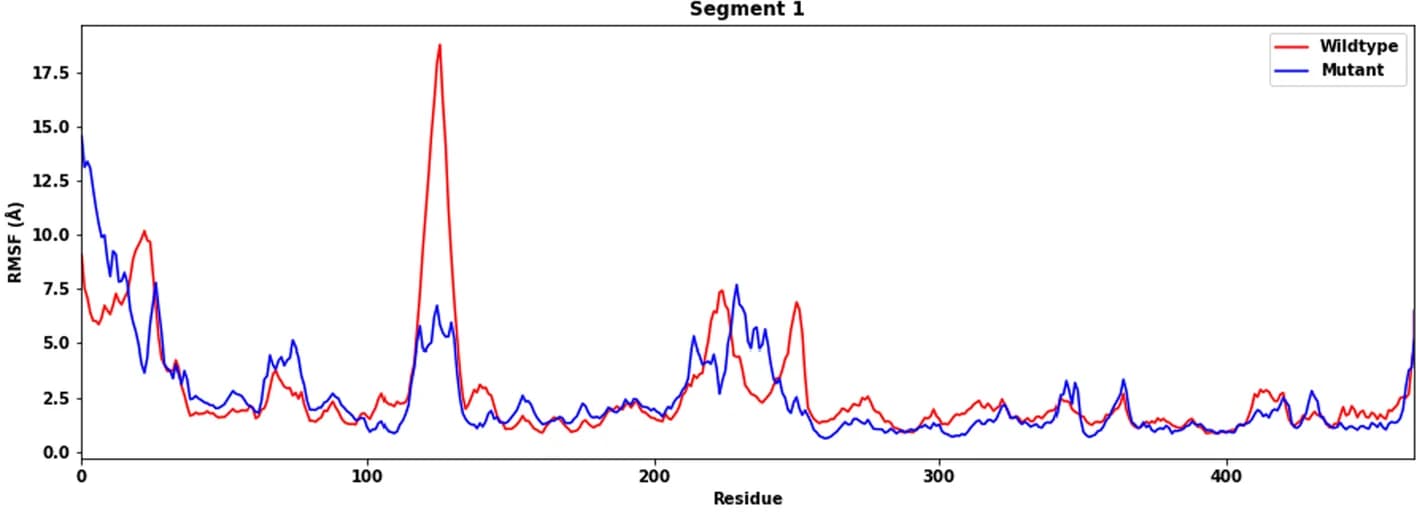 Open access visualization of Line Plot, Root-Mean-Square Fluctuation, RMSF, Wildtype Protein, Mutant Protein