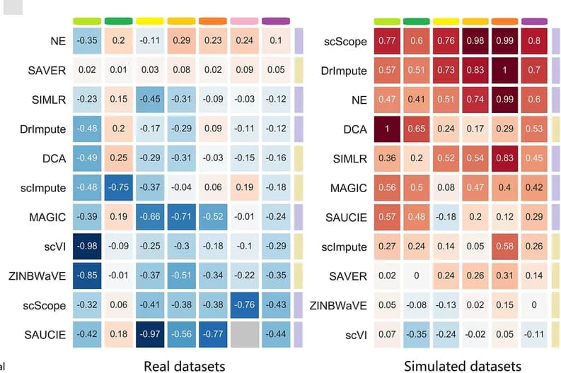 Open access visualization of Heatmap, Imputation methods, Real datasets, Simulated datasets, Median absolute imputation error