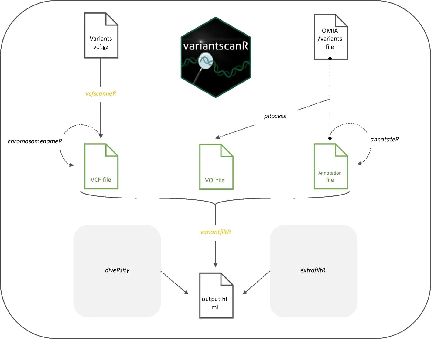 Open access visualization of Workflow, Flowchart, Illustration, variantscanR workflow, VCF file