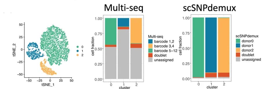 Open access visualization of Scatter Plot, Stacked Bar Plot, Demultiplexing, Jurkat Cells, HEK293 Cells