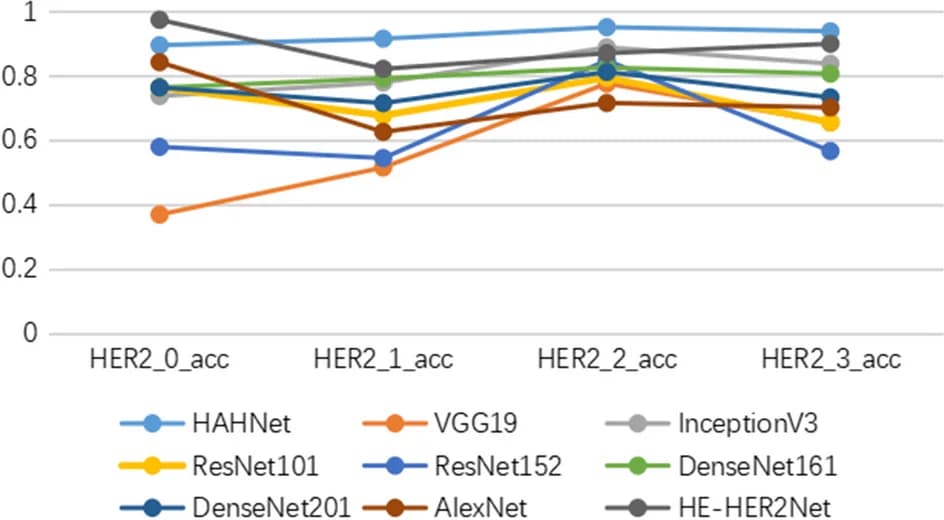 Open access visualization of Line Plot, HER2 Expression, Model Performance, Prediction