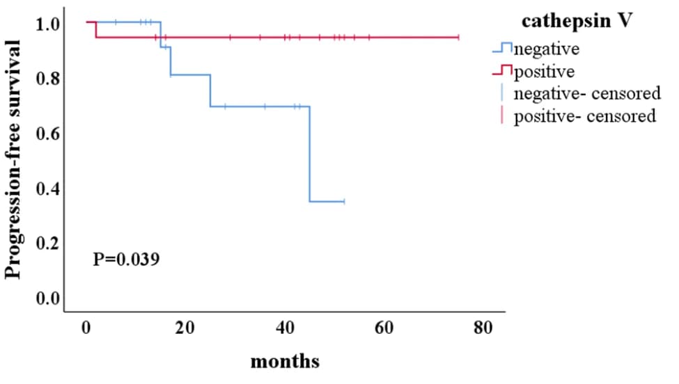 Open access visualization of Survival Curve, Line Step, Kaplan-Meier Curves, Cathepsin V Expression, Progression-Free Survival
