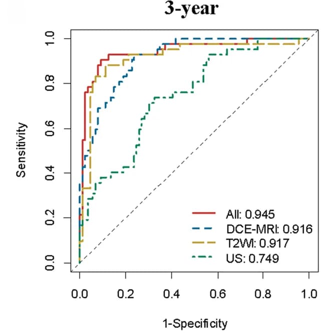 Open access visualization of Line Plot, AUC, Radiomics Model, Training Set, 3-year Risk