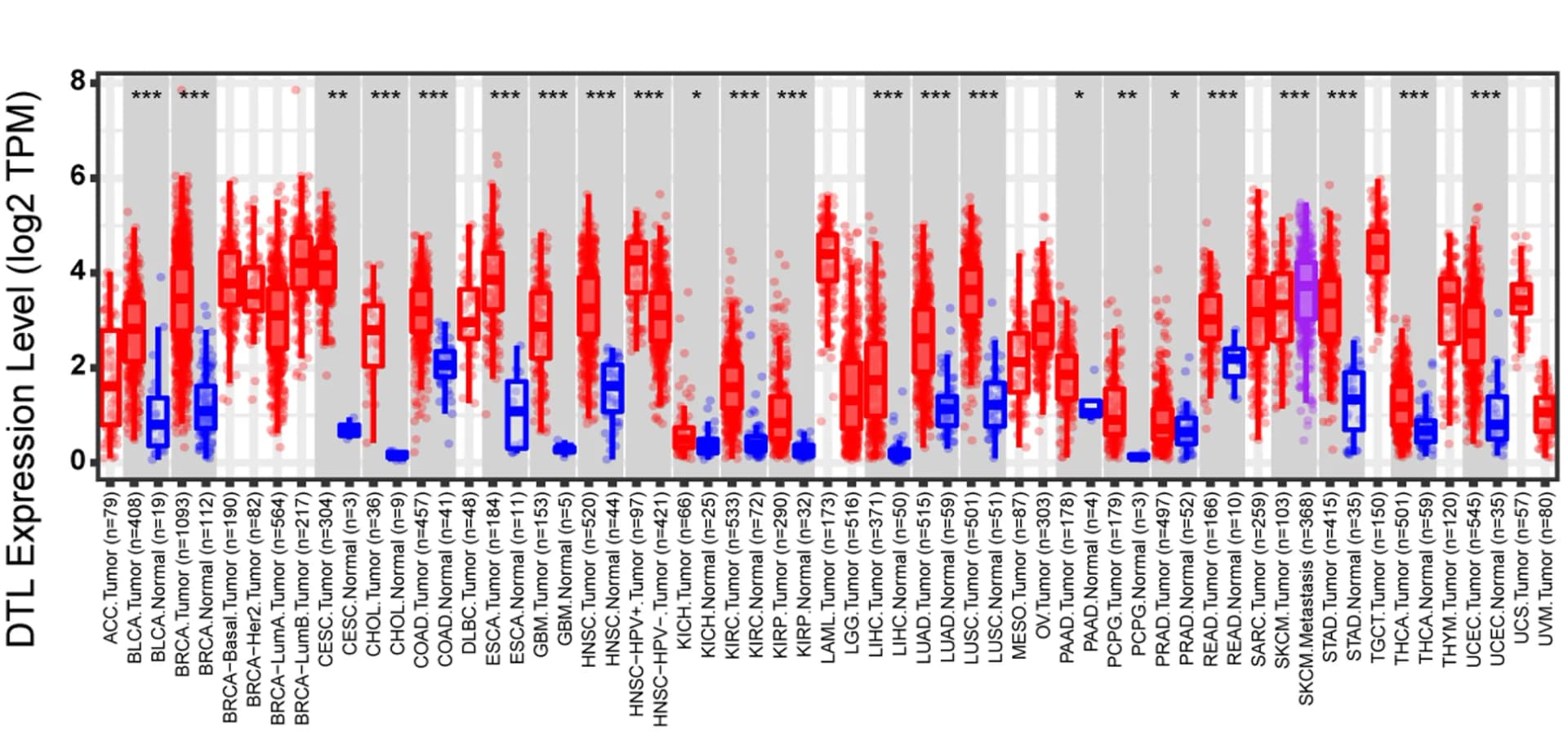 Open access visualization of Box Plot, Scatter Plot, DTL Expression, Cancer Tissues, Normal Tissues