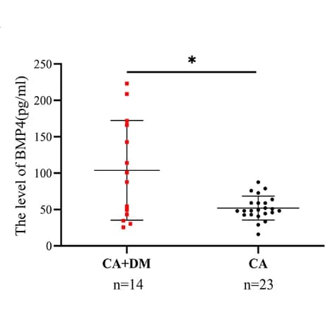 Open access visualization of Scatter Plot, BMP4 expression, CRC patients, Diabetes Mellitus