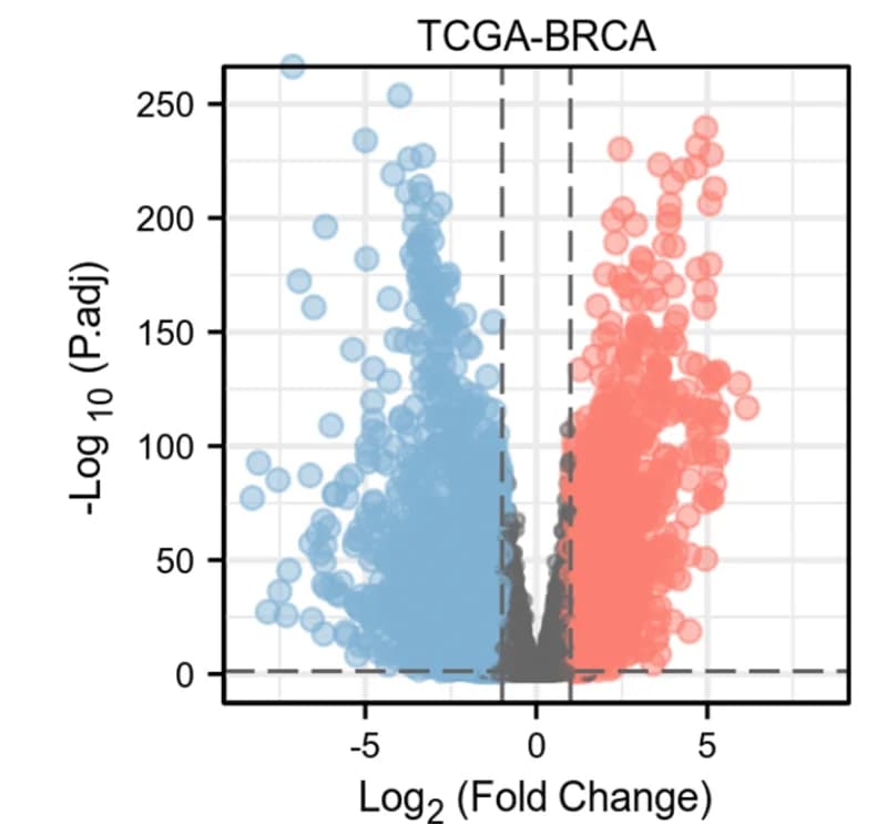 Open access visualization of Volcano Plot, Breast Cancer, Differentially Expressed Genes, SERGs