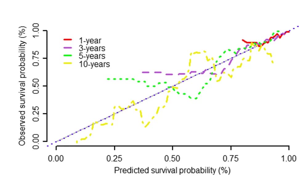 Open access visualization of Line Plot, Calibration Plot, Observed Survival, Predicted Survival, Survival Probabilities
