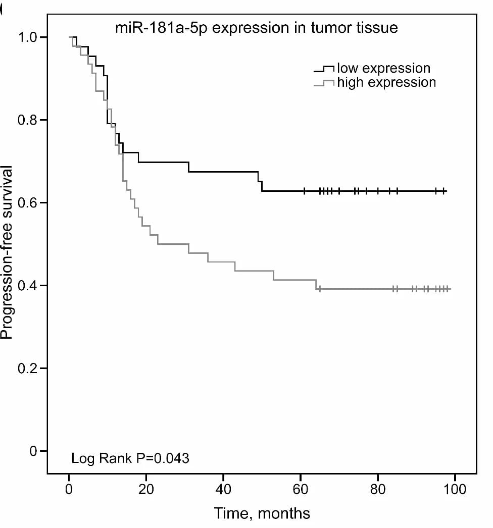 Open access visualization of Survival Curve, Line Step, Kaplan Meier curves, Progression-free survival, miR-181a-5p expression