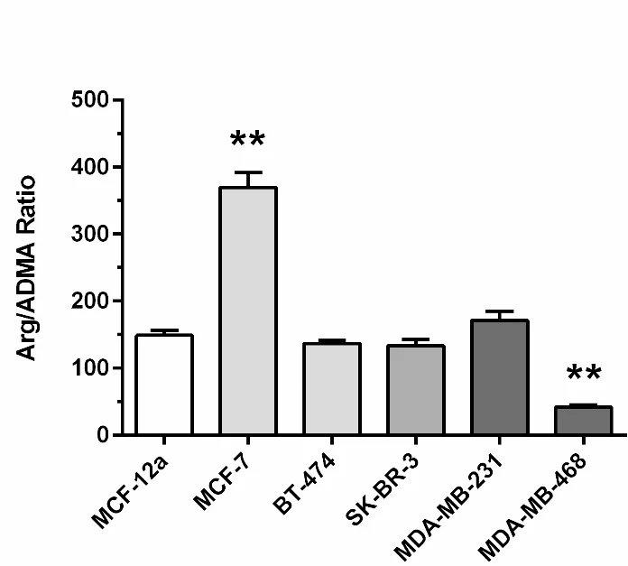 Open access visualization of Bar Plot, Error Bars, L-Arginine/ADMA Ratio, MCF-12 A Cells, ANOVA