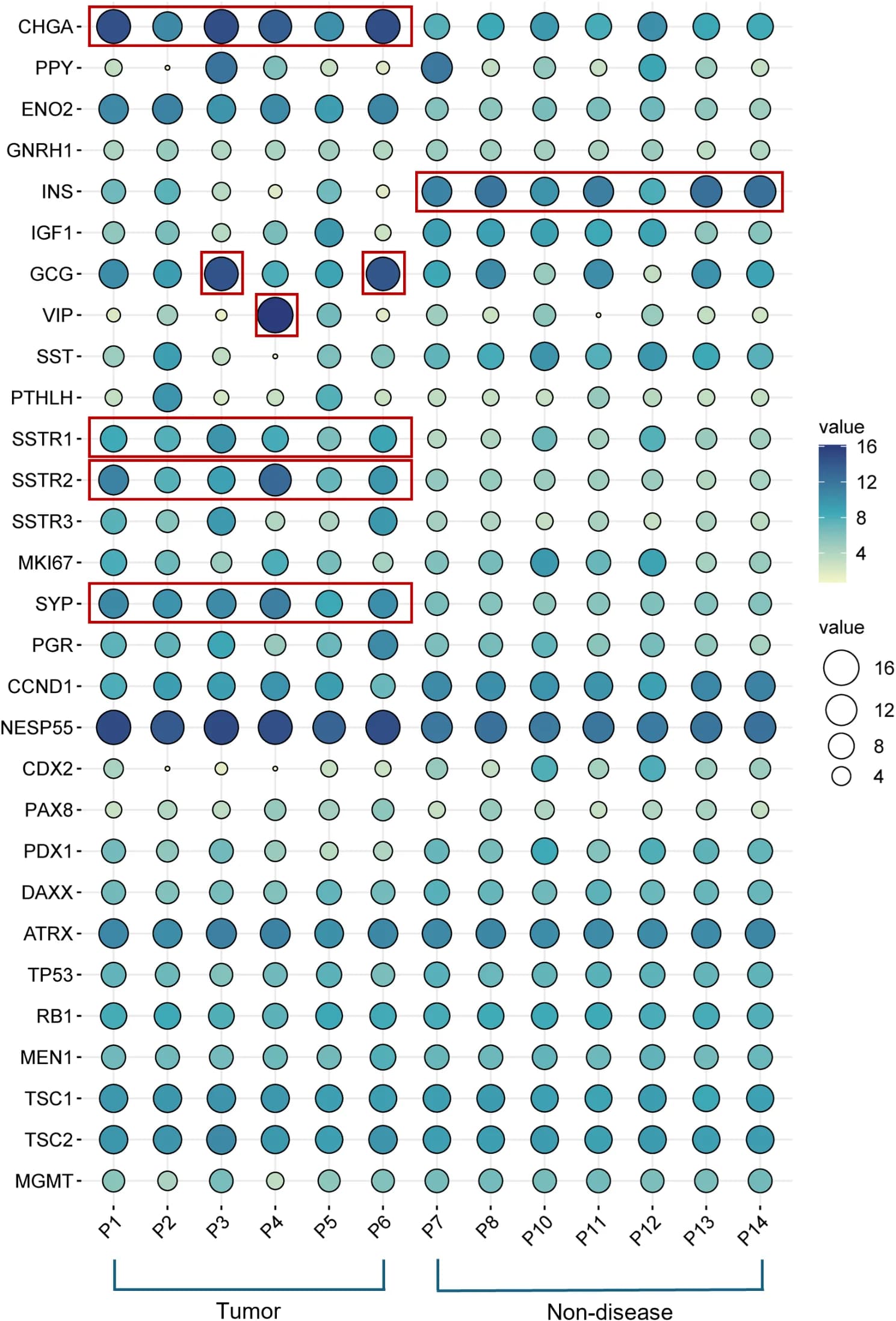 Open access visualization of Bubble Plot, mRNA Biomarker, Gene Expression, PanNETs, Non-Diseased Tissue