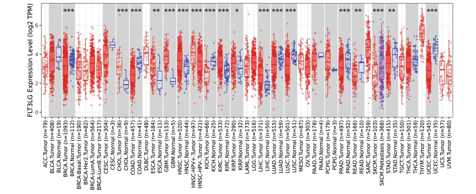 Open access visualization of Box Plot, Scatter Plot, FLT3LG, Tumor, Normal Tissues