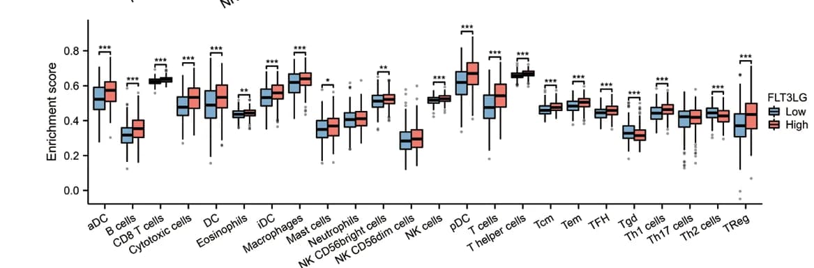 Open access visualization of Box Plot, Immune Cell Infiltration, Patients, FLT3LG