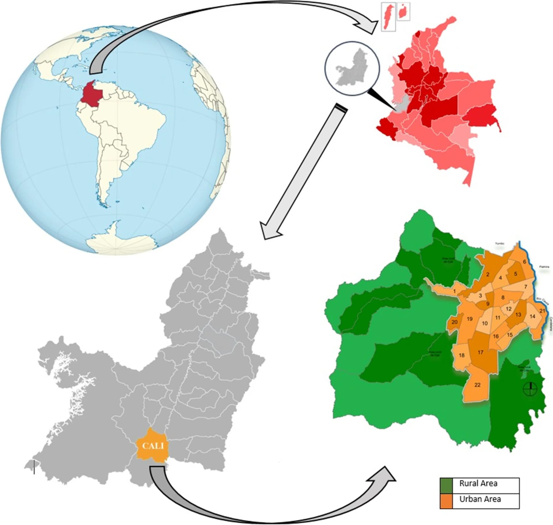 Open access visualization of Geo Map, Cali, Colombia, Urban Area, Rural Area