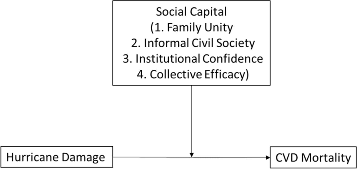 Open access visualization of Workflow, Flowchart, Hurricane Damage, CVD Mortality, Social Capital