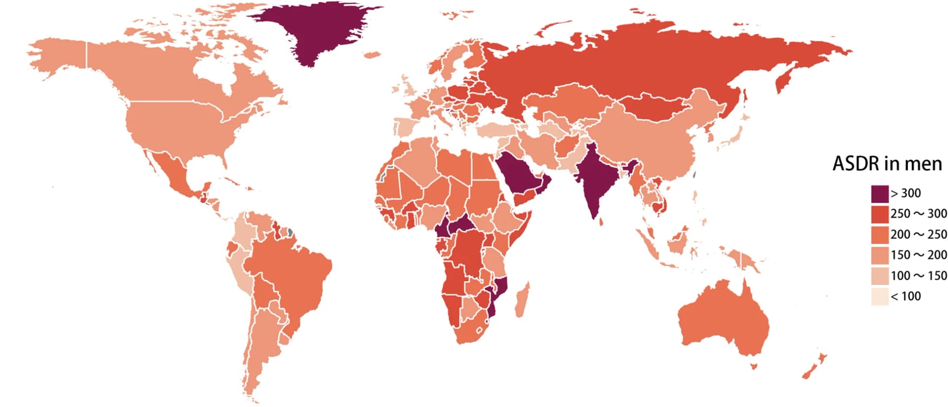 Open access visualization of Geo Map, Age Standardized DALY Rate, Low Bone Mineral Density, Men, DALY