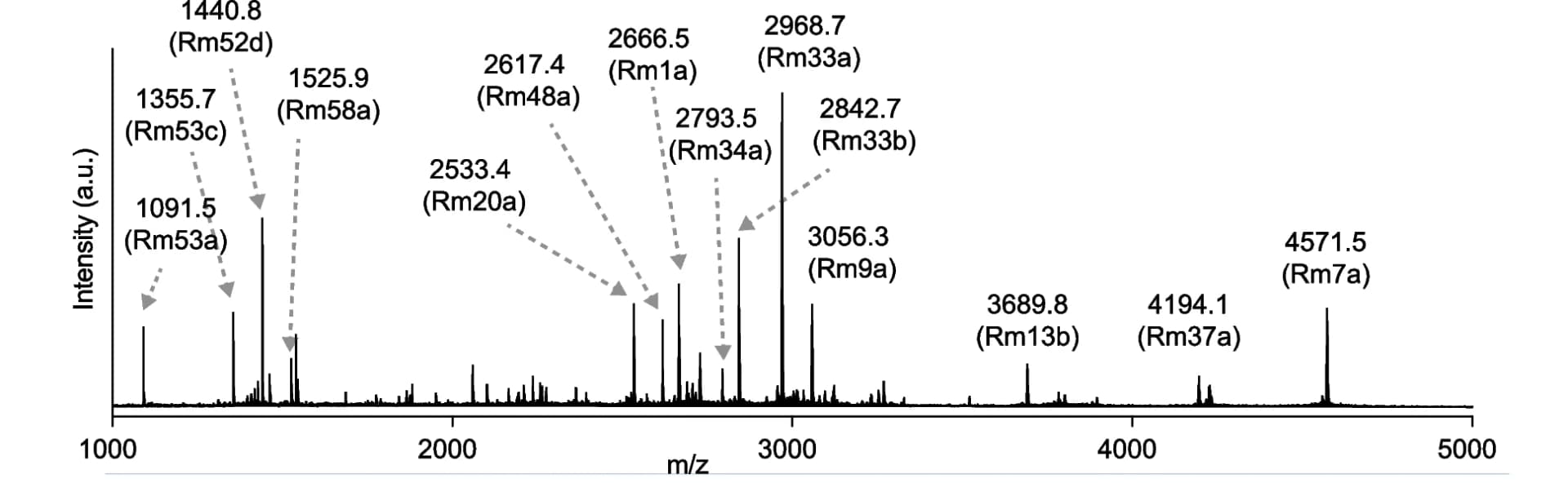 Open access visualization of Line Plot, Line Step, MALDI mass spectrum, R. metallica venom, Venom