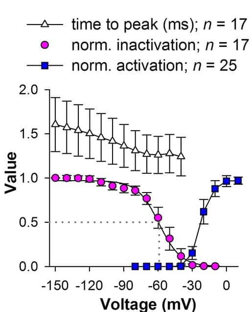 Open access visualization of Line Plot, Error Bars, Voltage-Activated Na+ Currents, Peak Conductance, Steady-State Inactivation
