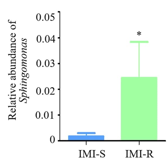 Open access visualization of Bar Plot, Error Bars, Relative Abundance, Sphingomonas, Gut