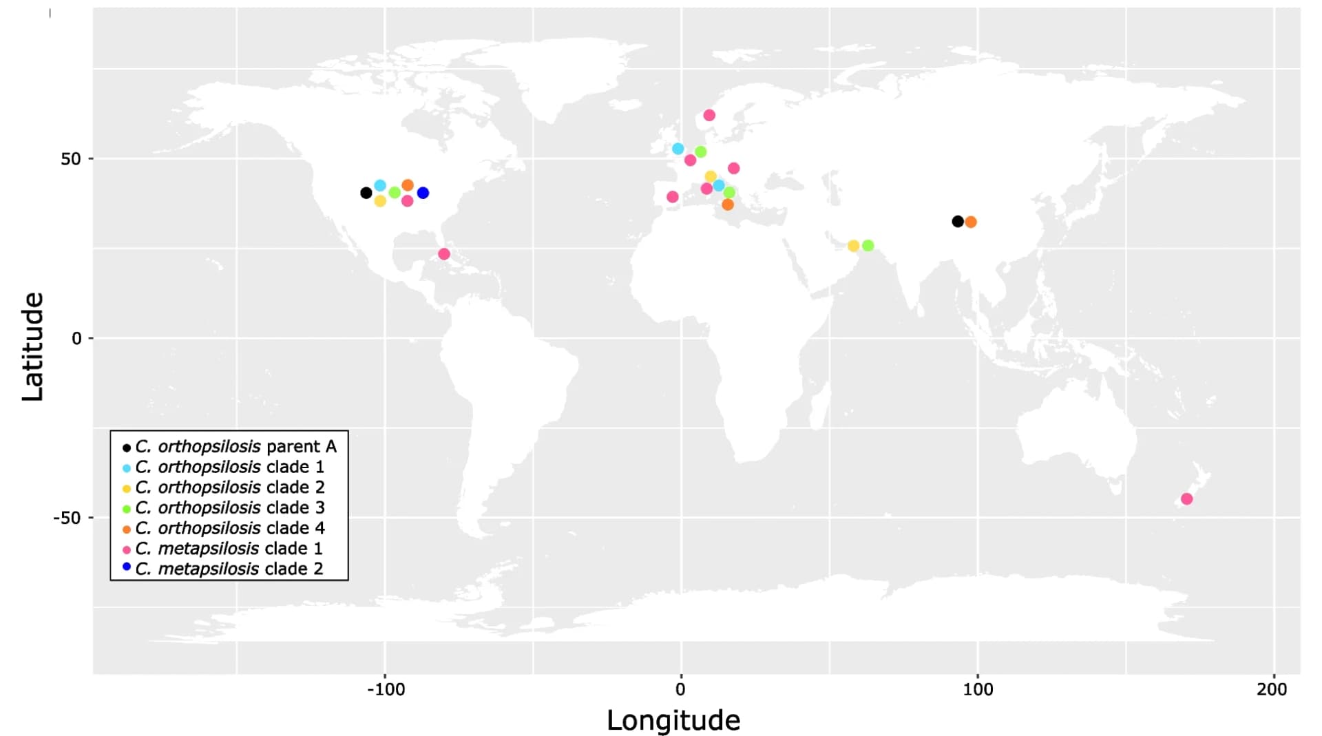 Open access visualization of Geo Map, C. Orthopsilosis, C. Metapsilosis, Geographical Distribution, Clades