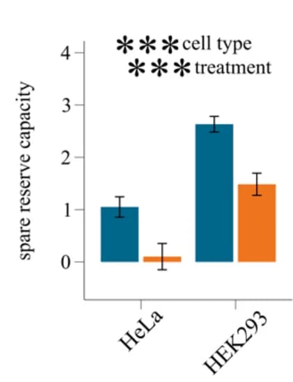 Open access visualization of Bar Plot, Error Bars, Clustered, Mitochondrial Spare Reserve Capacity, HeLa Cells
