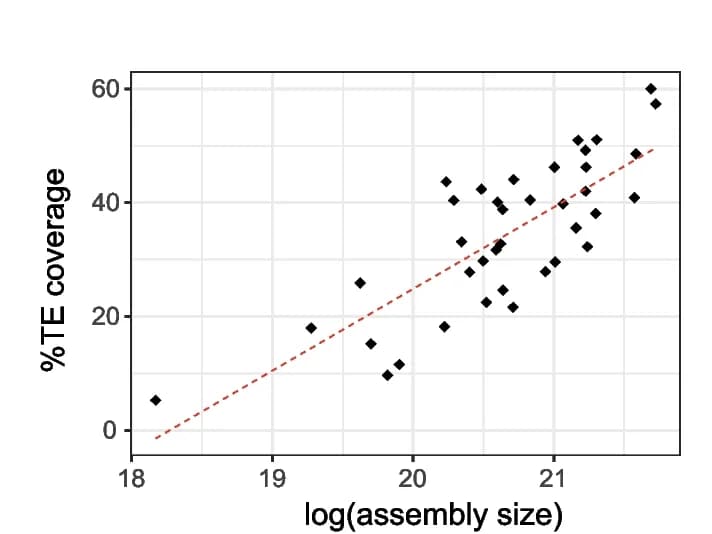 Open access visualization of Scatter Plot, Regression Plot, TE Coverage, Assembly Size, Genome Size