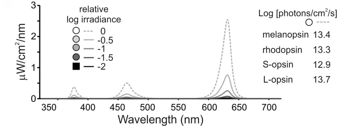 Open access visualization of Line Plot, Spectral composition, Test stimuli, Wildtype mouse, Daylight