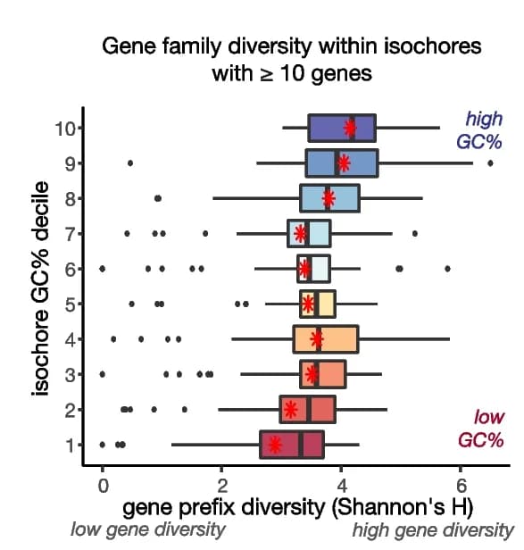 Open access visualization of Box Plot, Scatter Plot, Gene Name Diversity, Gene-Rich Isochores, GC% Deciles