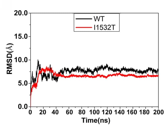Open access visualization of Line Plot, VGSC, I1532T Mutation, RMSD, Molecular Dynamics Simulation