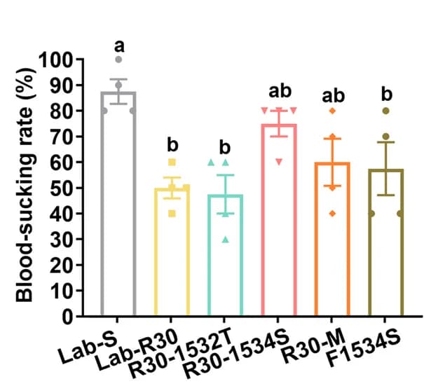 Open access visualization of Bar Plot, Error Bars, Blood Meal, Insect Strains, Starved Females