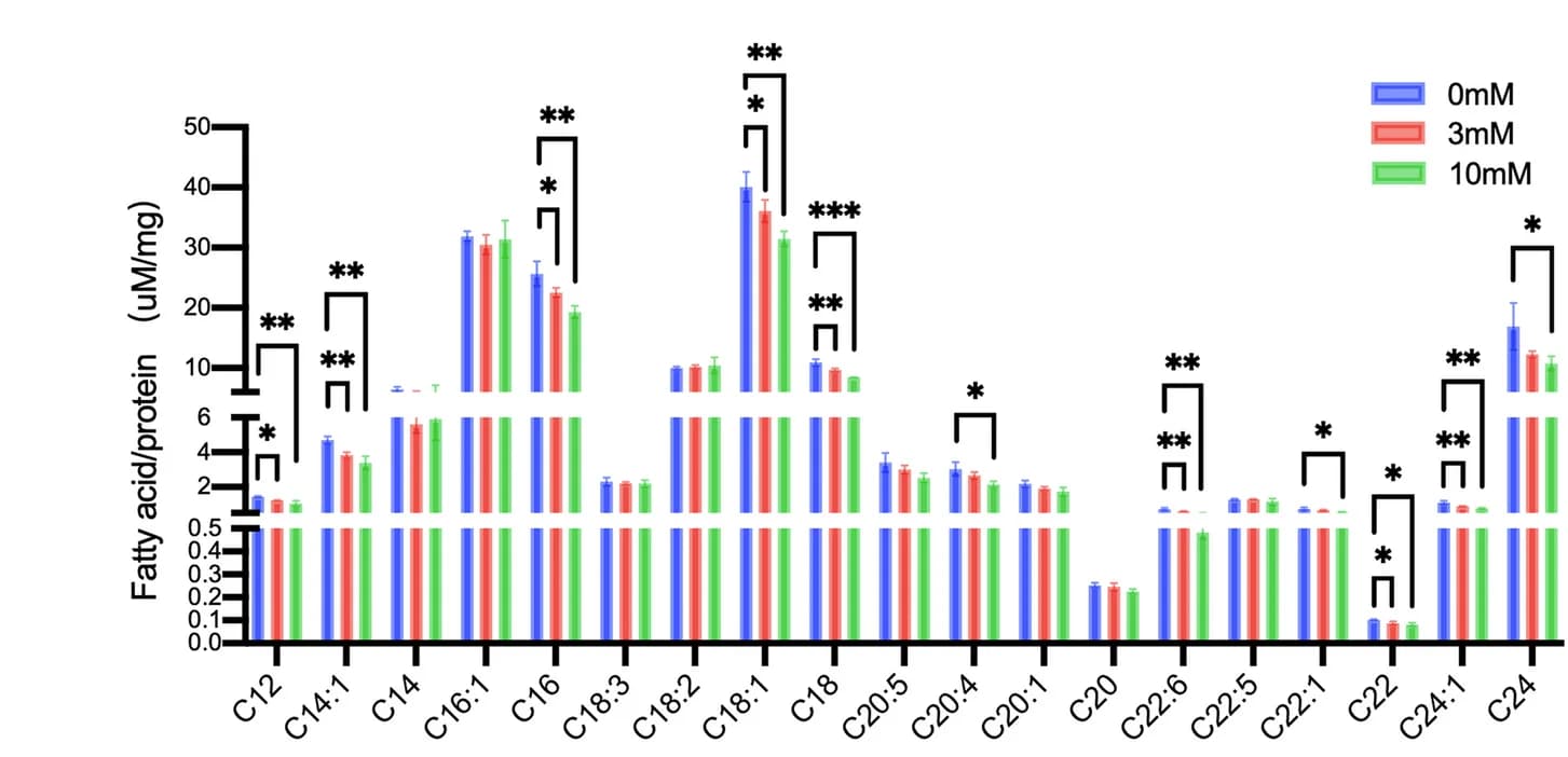 Open access visualization of Bar Plot, Error Bars, Clustered, Fatty Acids, 3T3-L1 Cells