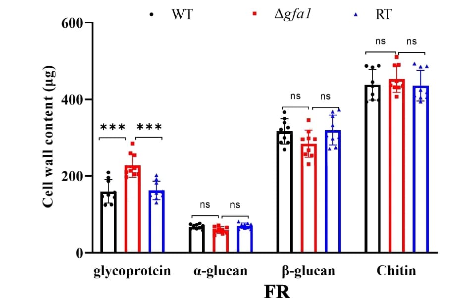 Open access visualization of Bar Plot, Error Bars, Cell Wall Components, Strains, FR Conditions