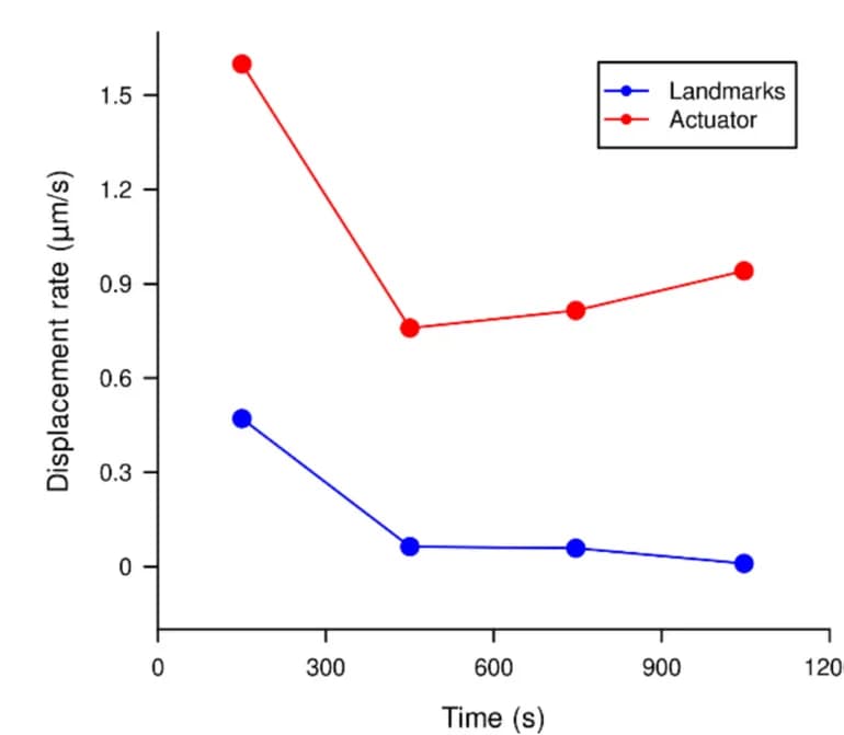 Open access visualization of Line Plot, Creep Experiment, Displacement Rates, Landmarks, Actuator Grips